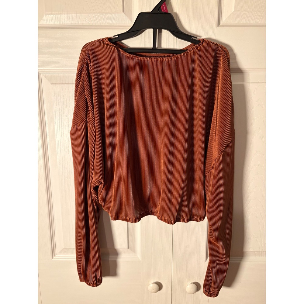 Pink Lily Rust Brown Micro Pleated Two Piece Set Crop Top Wide Leg Pants Large